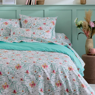 Parure de lit 2 pièces coton floral exotique housse + taie - Bleu