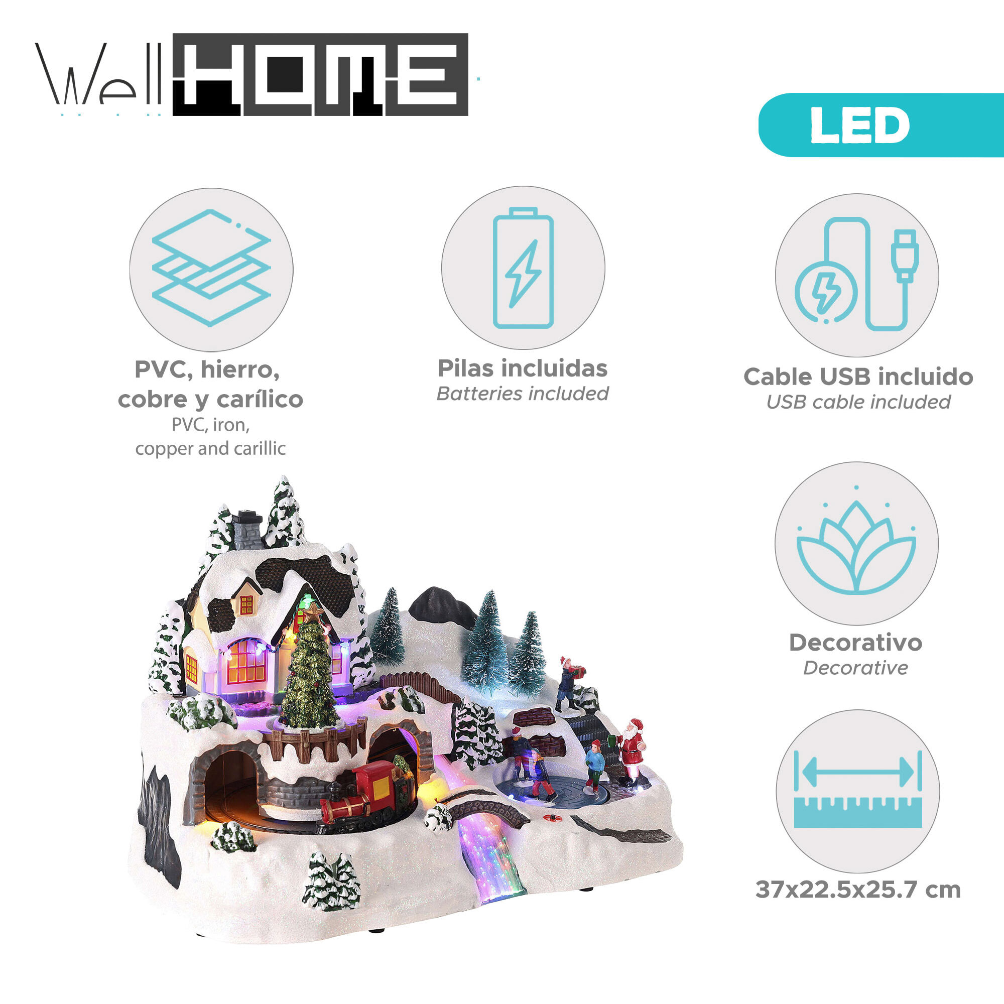 Pueblo navideño para decoración con escena en movimiento y luces led 37x22,5x25,7cm