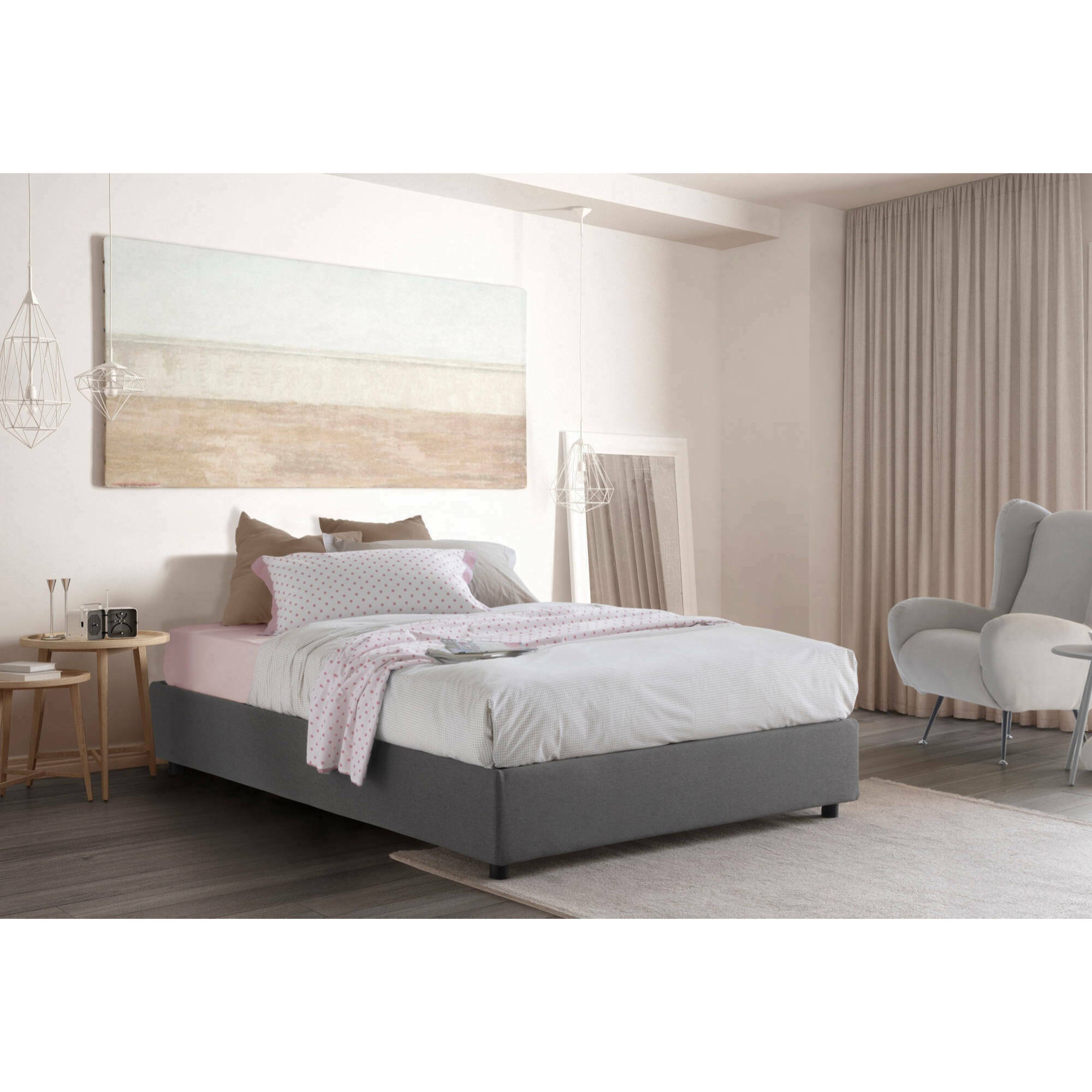 Letto piazza e mezza Andla, Letto contenitore con rivestimento in tessuto, 100% Made in Italy, Apertura frontale, adatto per materasso Cm 120x200, Grigio