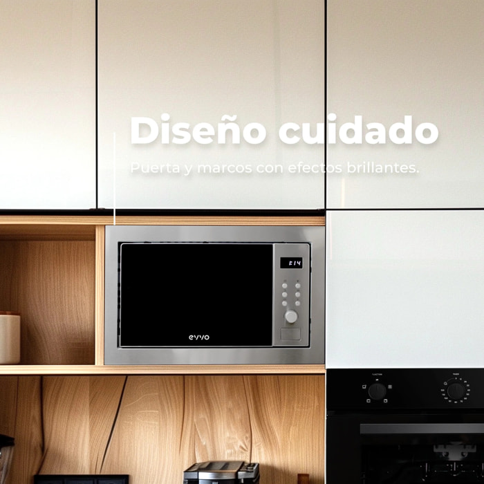 EVVO Microondas integrable Mi35 Inox, 25L, grill 1000W, 8 funciones, multifunción, temporizador 60 min, display digital, inox brillante
