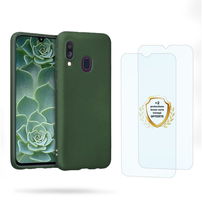 Coque Samsung Galaxy A40 Vert Foret Silicone liquide + 2 Vitres en Verre trempé Protection écran Antichocs