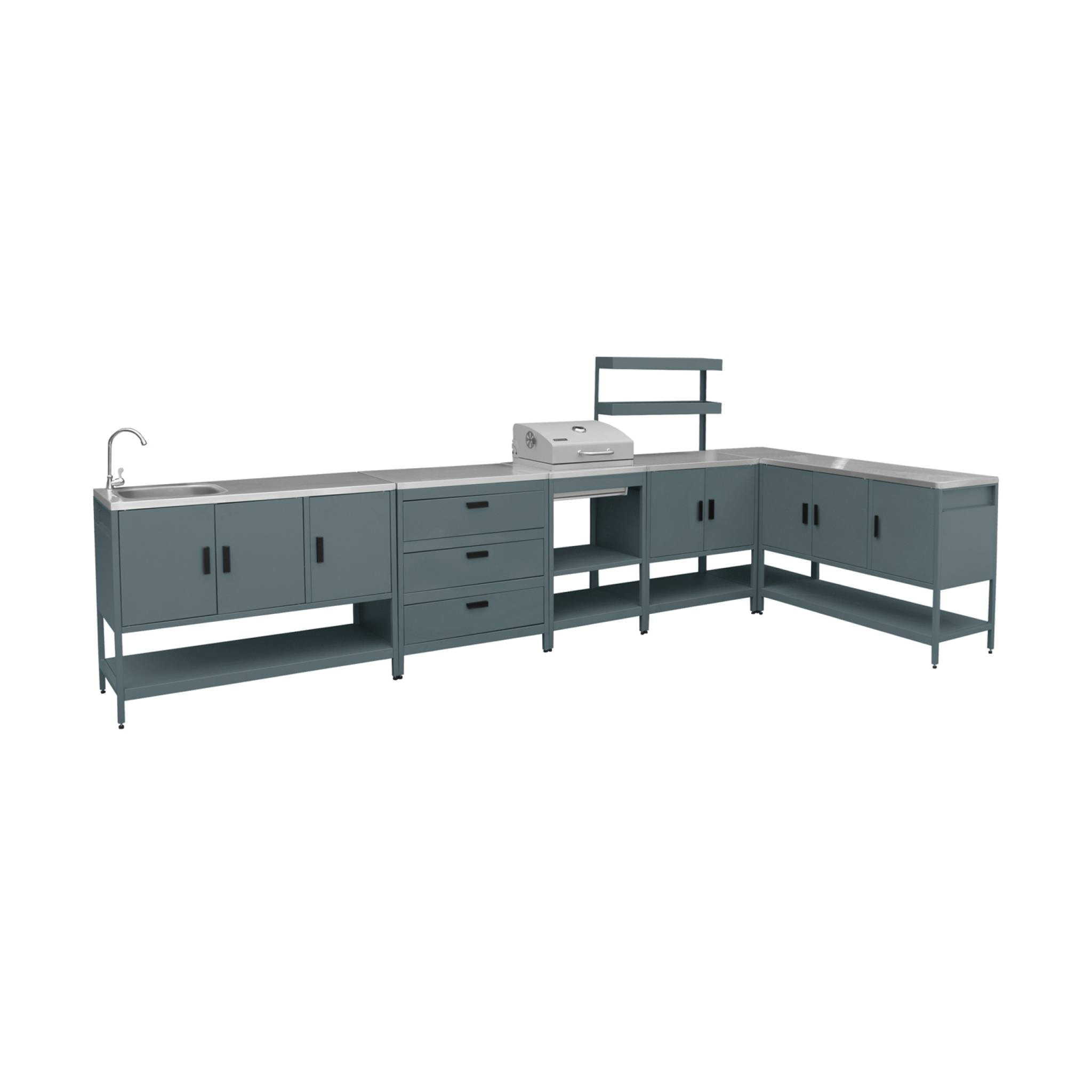 Cuisine extérieure Naxos 5 modules avec barbecue au charbon acier inoxydable bleu gris