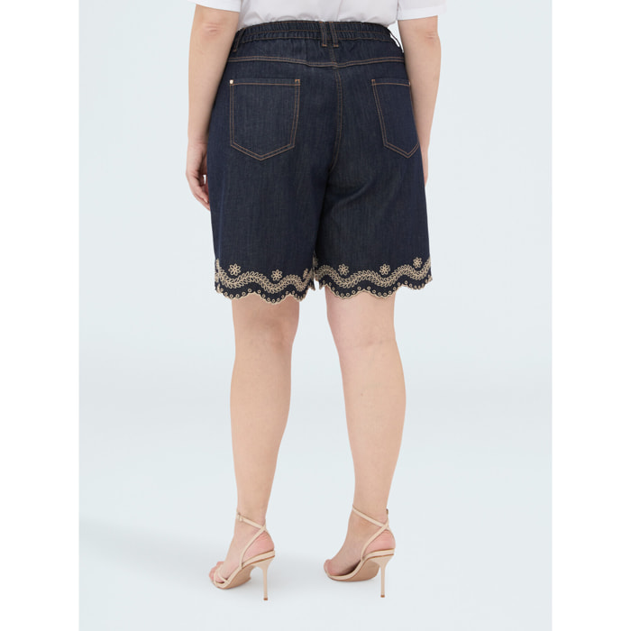 Fiorella Rubino - Jeans bermuda con ricamo san gallo - Blu