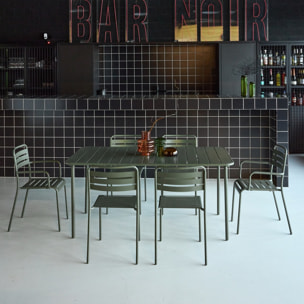 Table de jardin métal + 6 assises kaki. acier traitement anti rouille