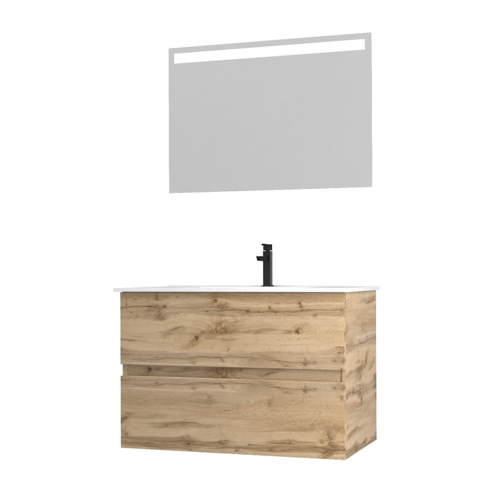 Pack Meuble SDB 80cm suspendu 2 tiroirs Chene_Vasque blanche + Miroir Led - TIMBER 80_Pack36