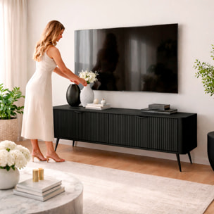 Mobile Porta TV Moderno Con 2 Ante a Ribalta Cannettate Mobiletto Contenitore Design Moderno Soggiorno Salotto Living Home 163.2 x 38 x 51.2 Cm Nero