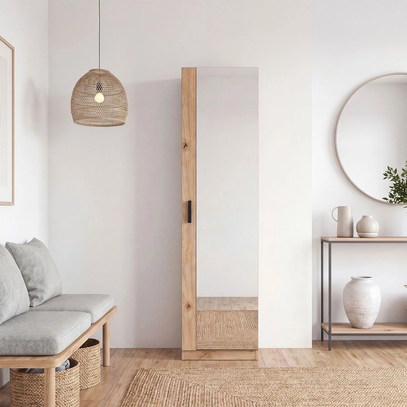 Zapatero alto de 1 puerta con espejo en alpine oak 180x50 cm Roma Alpine Oak