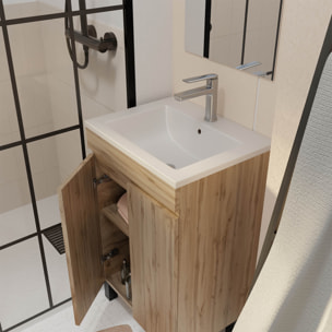 Meuble de Salle de Bains 50 cm Décor Chêne Naturel - Vasque Blanche et Miroir 42x66