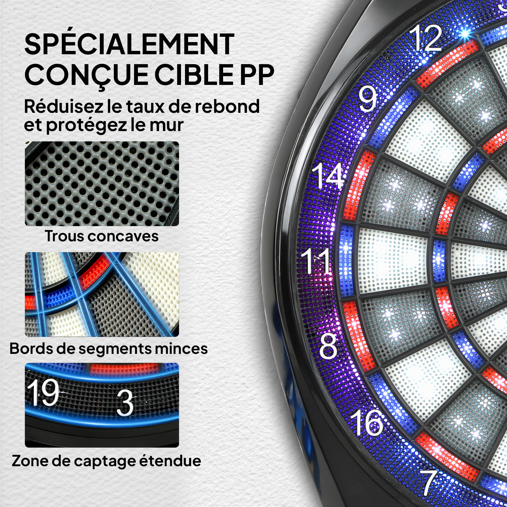 Cible jeu de fléchettes électronique 34 jeux jusqu'à 8 joueurs grand écran LED charge USB-C