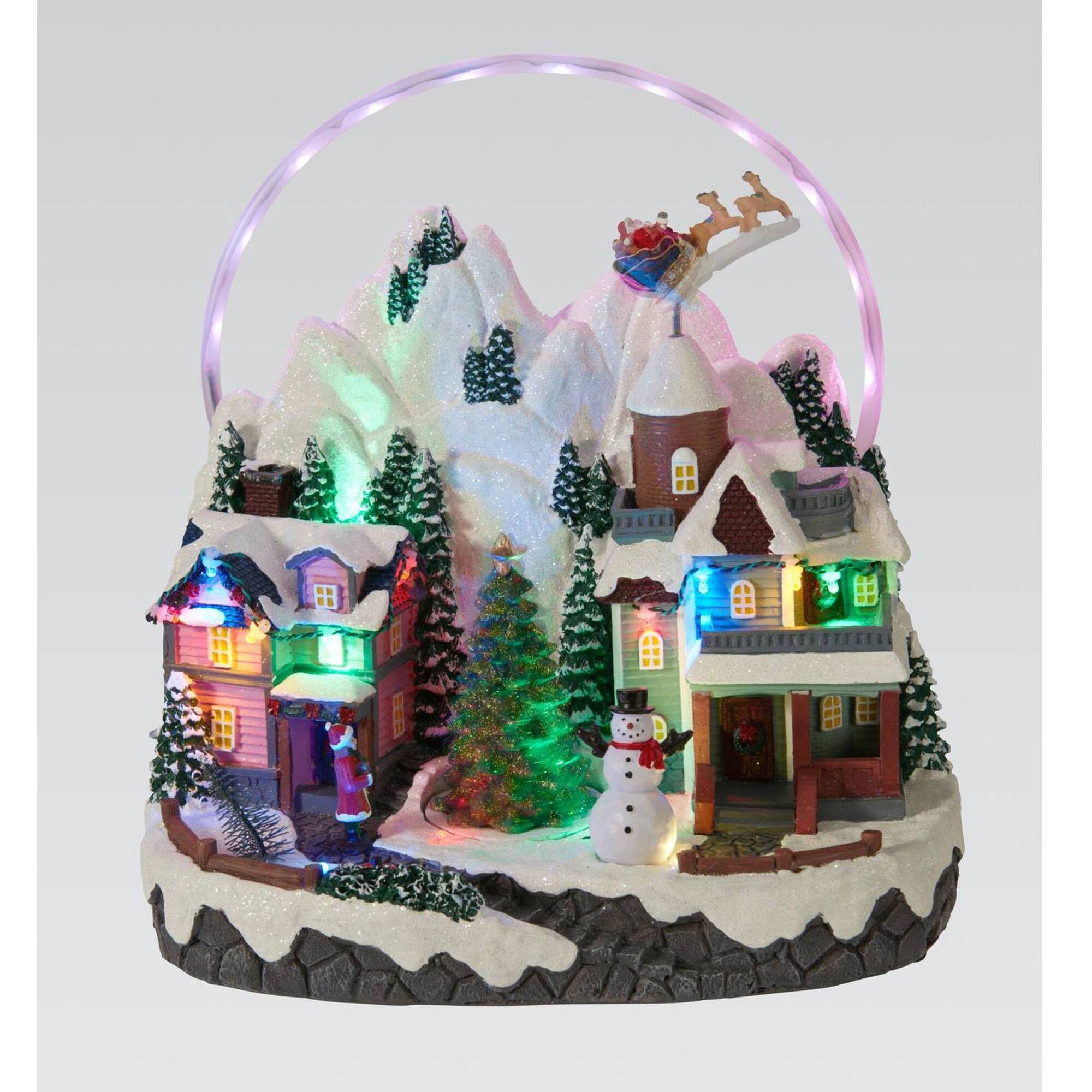 Pueblo navideño led con movimiento, escena de invierno bajo arco iris 27x17,9x30cm