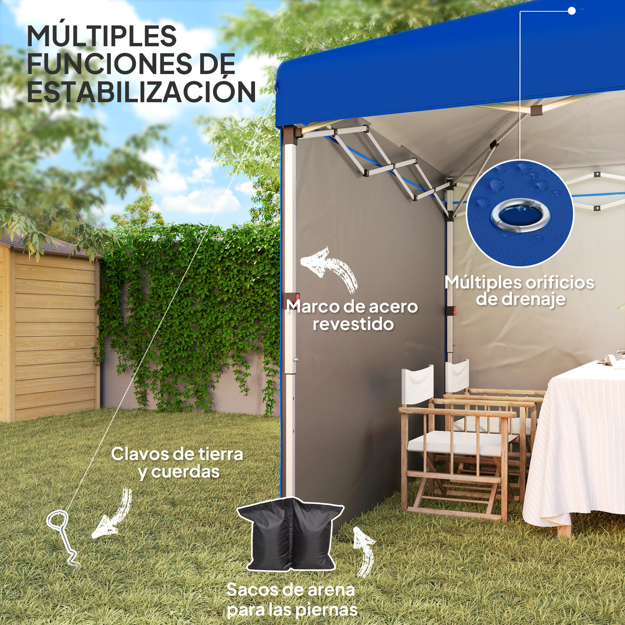 Carpa Plegable Pop-up Gazebo 3x3 m Cenador Plegable con 2 Paredes Laterales Anti-UV Altura Ajustable en 3 Niveles Sacos de Arena y Bolsa de Transporte con Ruedas para Camping Fiestas Azul