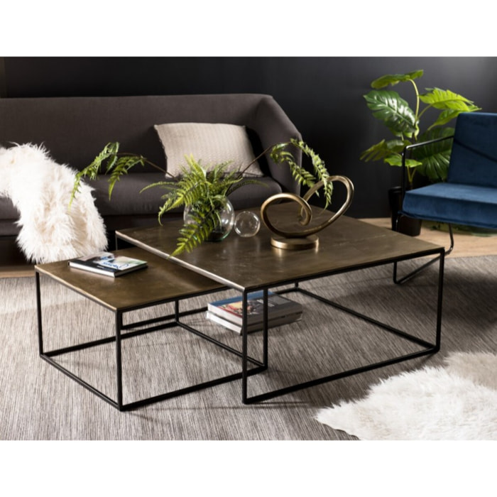 JOHAN - Set de 2 tables gigognes carrées aluminium doré - pieds métal noir