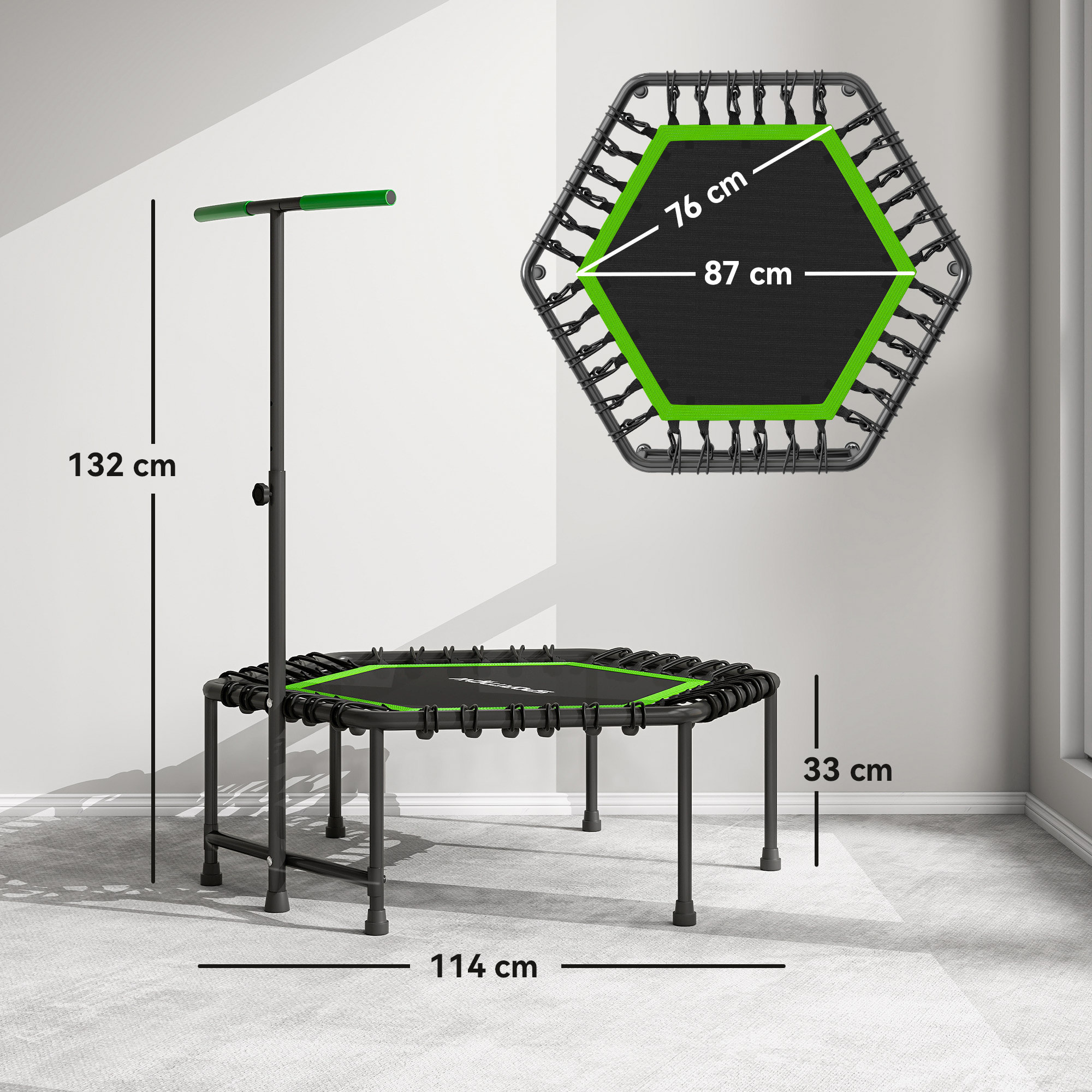 Trampolín de Fitness 114x114x132 cm Cama Elástica Fitness con Mango Ajustable de 3 Niveles Marco de Acero para Entrenamiento Piernas Cuerpo en Hogar Oficina Gimnasio Verde y Negro