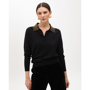 Maglione Tipo Polo con Collo Strass