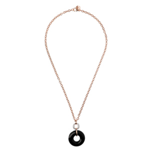 Collana Catena Rolo con Pendente Doppio Cerchio in Onice Nero e Cubic Zirconia