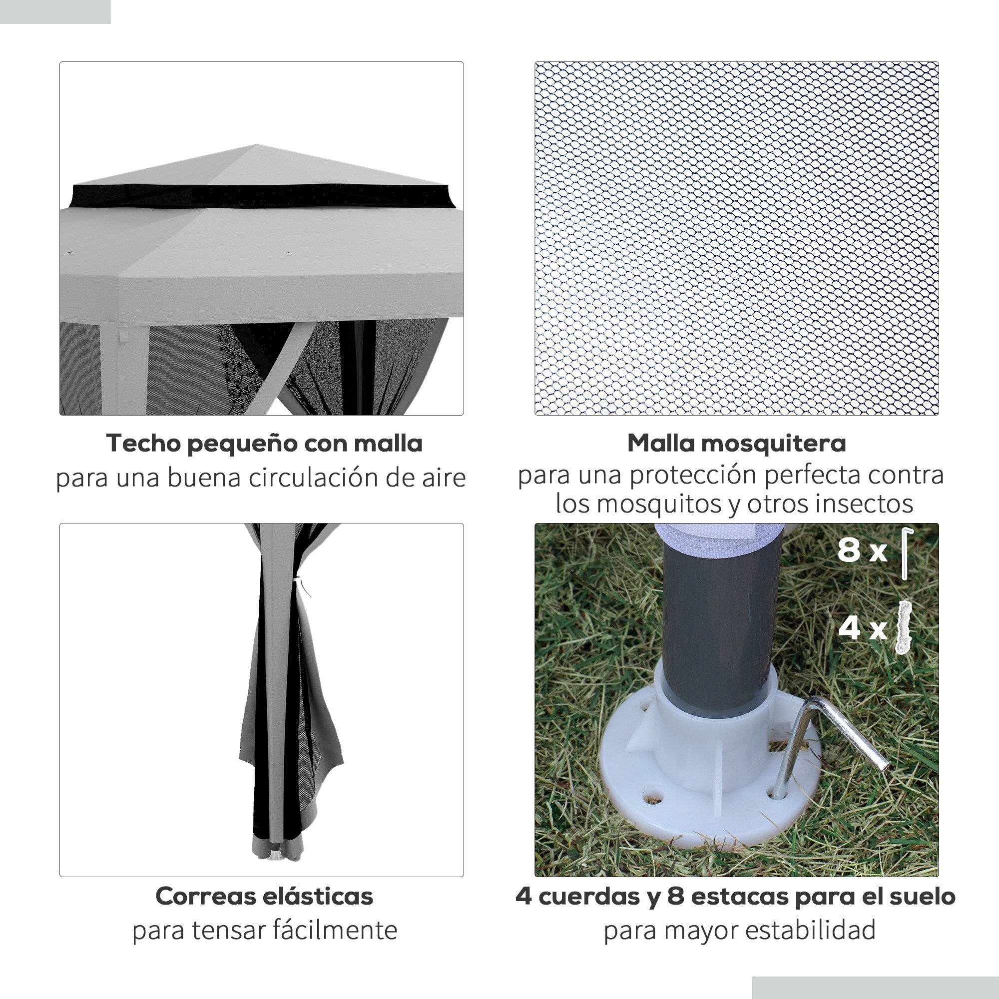 Carpa de Jardín 3x3 m Cenador Gazebo con 4 Mosquiteras Laterales Techo Doble 8 Orificios de Drenaje y Marco de Metal para Terraza Patio Exterior Gris