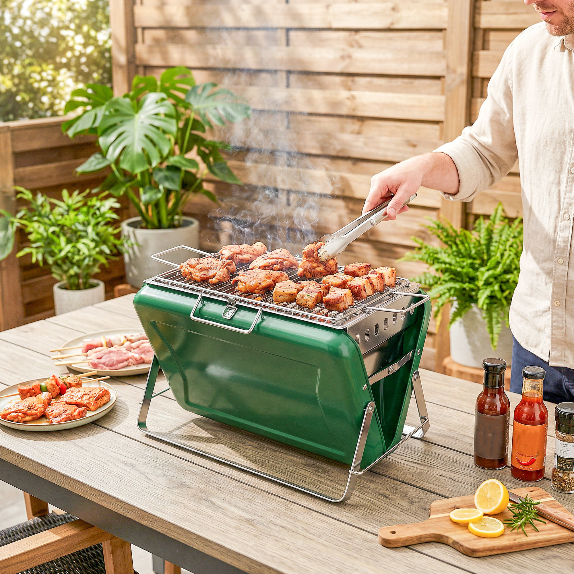 Mini barbecue à charbon portable pliable valise vert