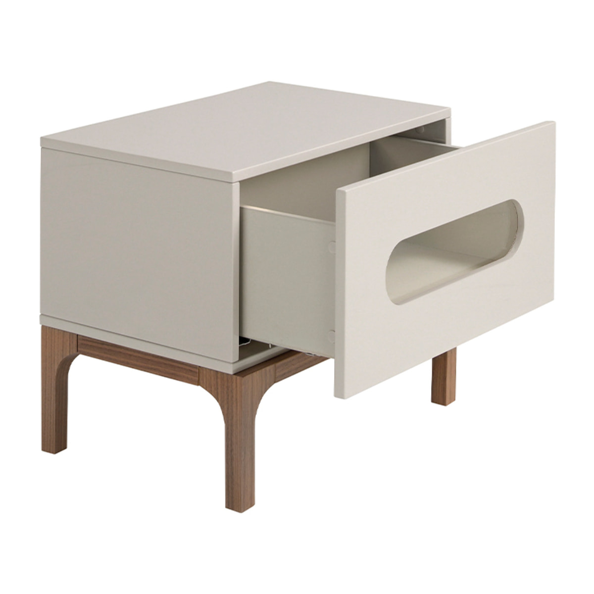 Mesita de noche Angel Cerdá con estructura de madera de MDF en gris y patas de madera en nogal con iluminación interior 60x41x51cm