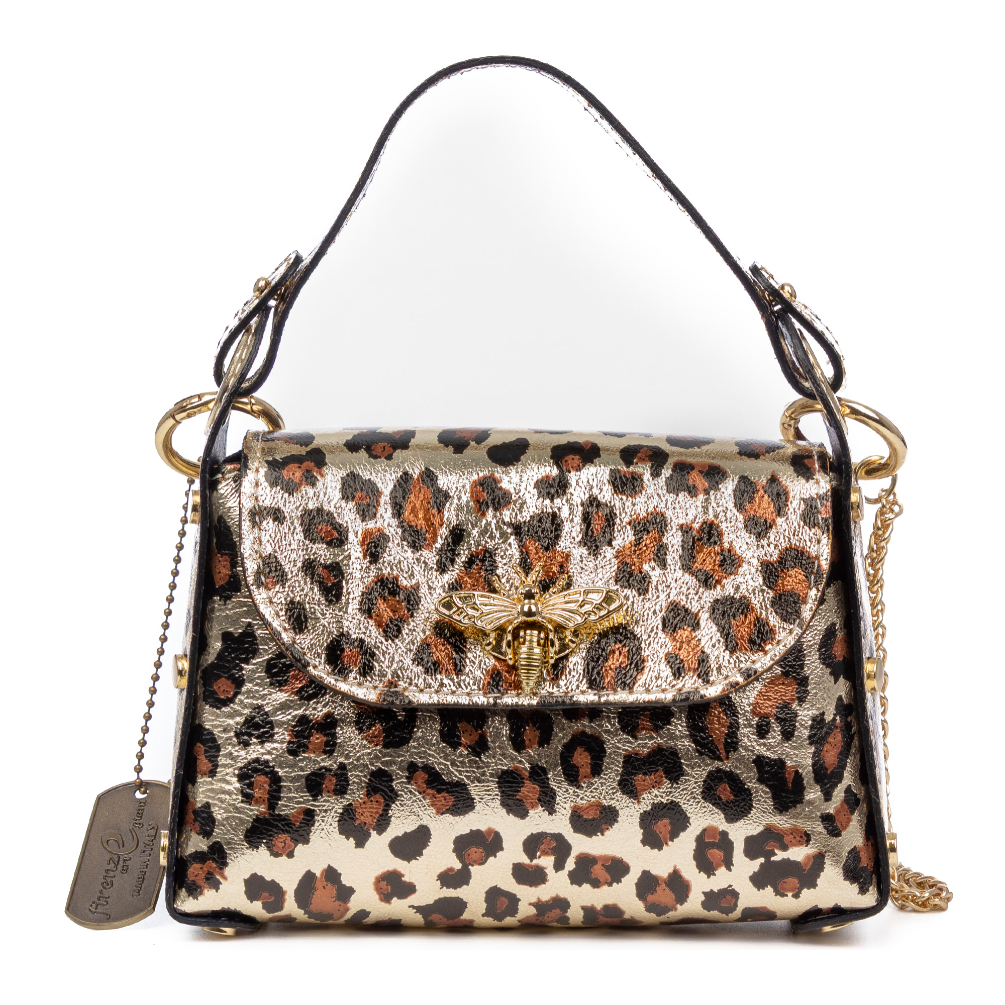 Aquileia bolso de mano mujer. Piel auténtica Gamuza con estampado animal print leopardo lacada brillante.