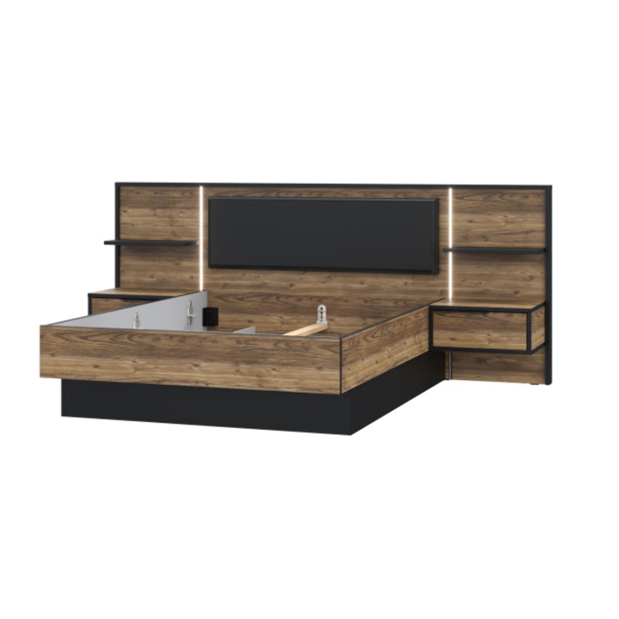 Lit 140x190 cm tête de lit et chevet chevet décor épicéa et noir - YAL