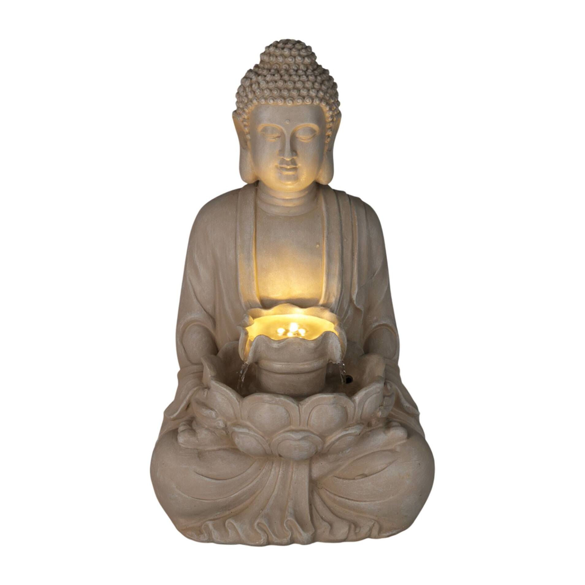 Fuente Buda en color Arena con Luces LED para Espacio Exterior 28,5x24,5x48cm
