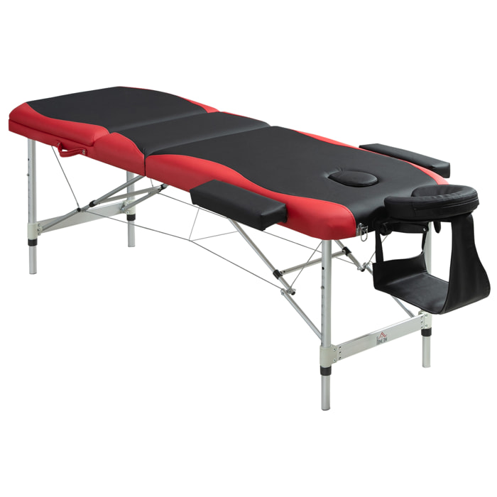 Camilla de Masaje Plegable 185x60cm Portatil Fisioterapeuta 3 Zona Negro y Rojo