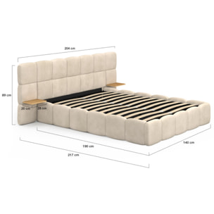 Lit coffre Bubble 140x190cm velours beige chevets intégrés