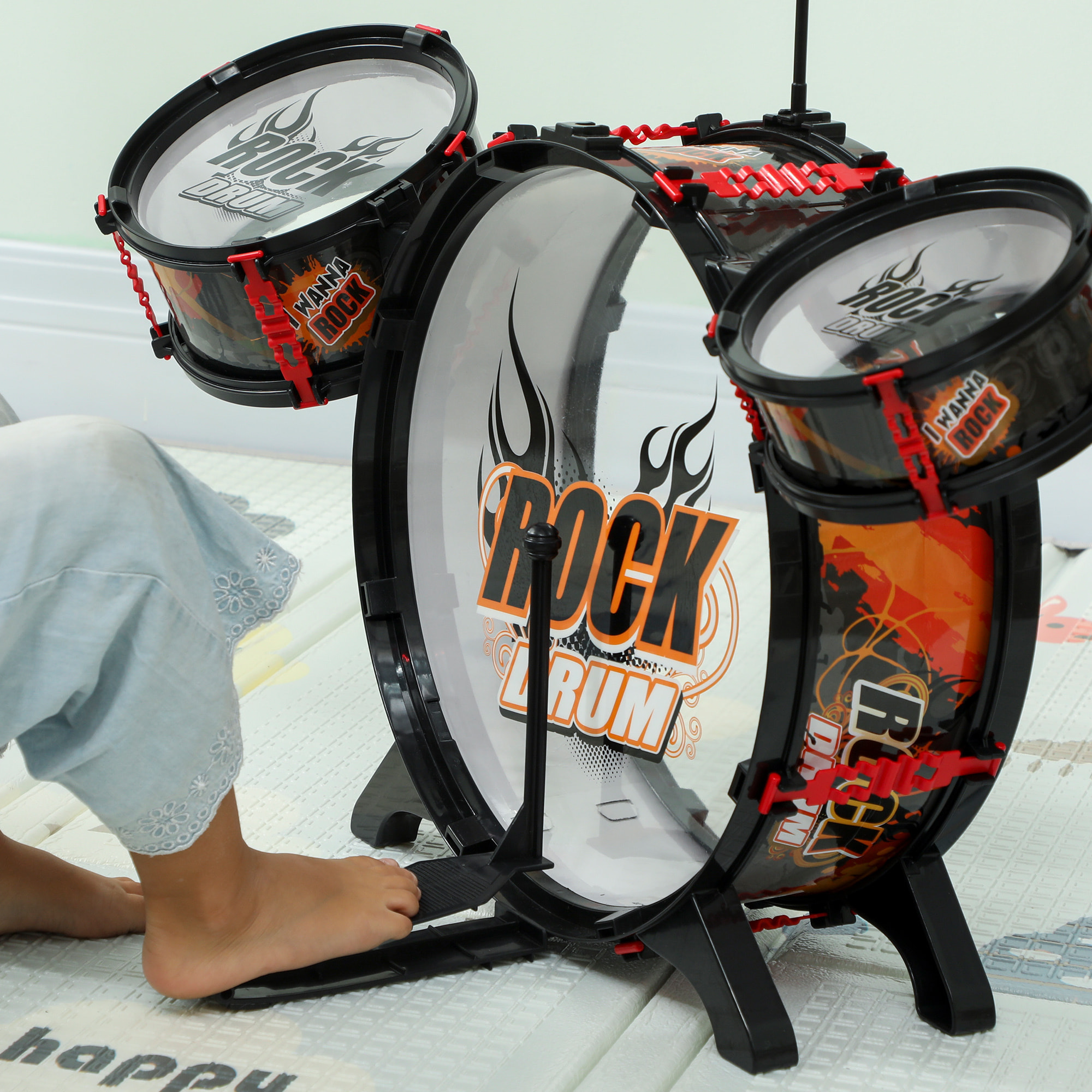 Batería Infantil con Taburete, Batería para Niños de +3 Años, con Tambores, Bombo, Platillo y Baquetas, para Principiantes, 59,5x31,5x59 cm, Negro