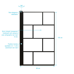 Pare baignoire rabattable 80x140 cm sérigraphie noir - Verre Anticalcaire - BLOCKS SCREEN