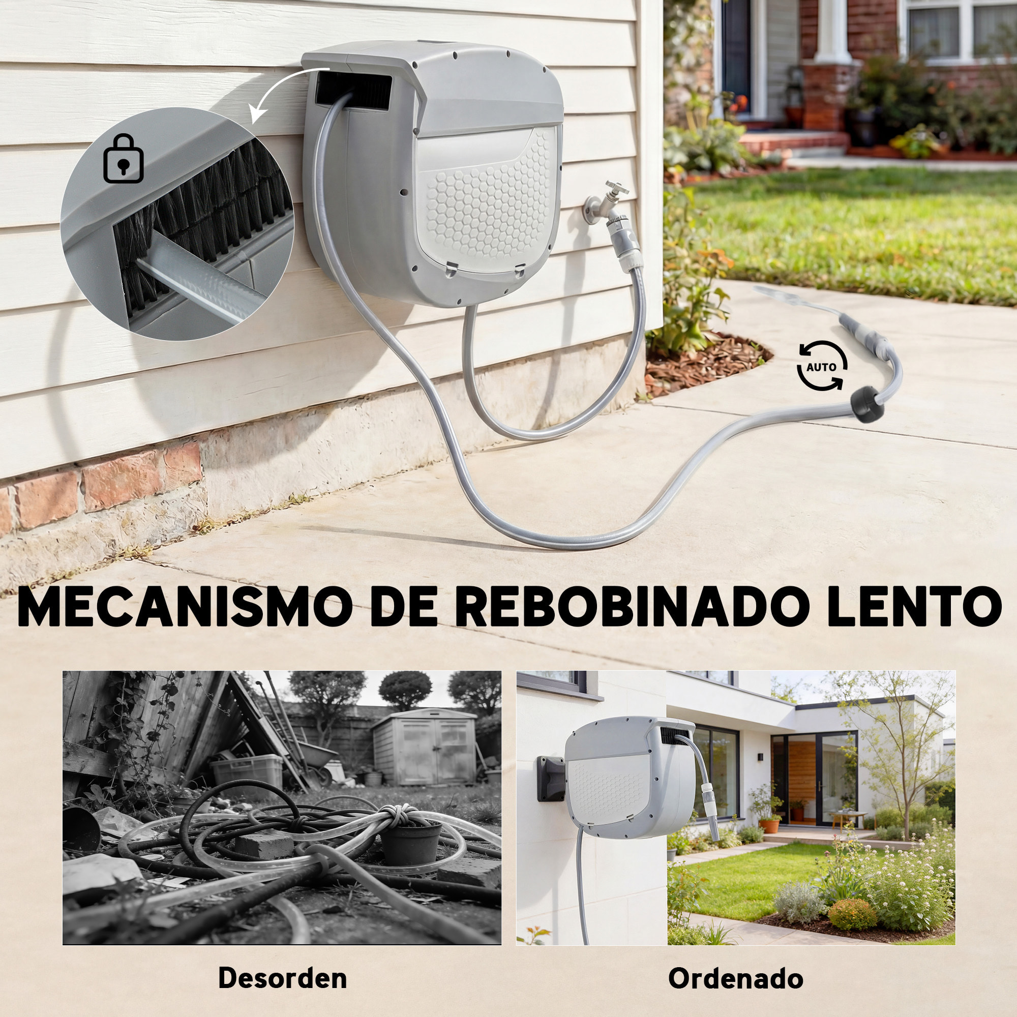 Enrollador de Manguera para Jardín 20+1,9 m con Boquilla de 2 Modos, Carrete de Manguera de Jardín de Pared con Bloqueo Automático y Retracción Controlada, Soporte Orientable 180°, Gris
