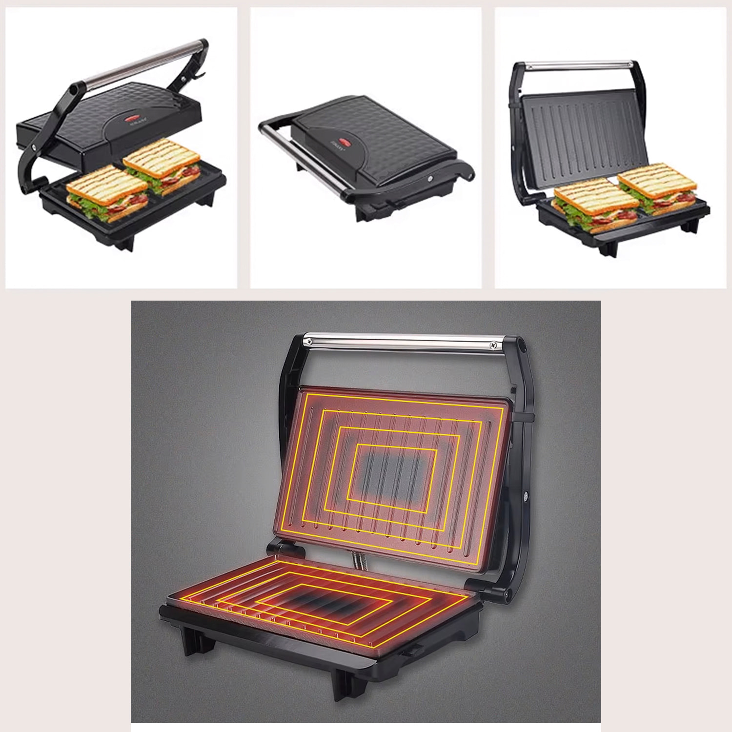 Gril de 1200W. Doble placa de cocción, antiadherente, lavable en lavavajillas.