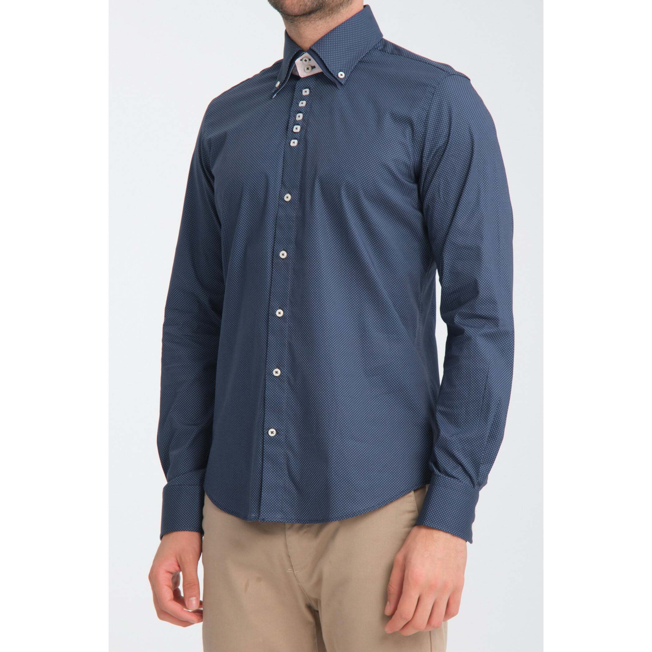 Camicia Uomo 2 Bottoni Button Down 7bottoni Doppio Coll Jacquard Fantasia Blu/Celeste