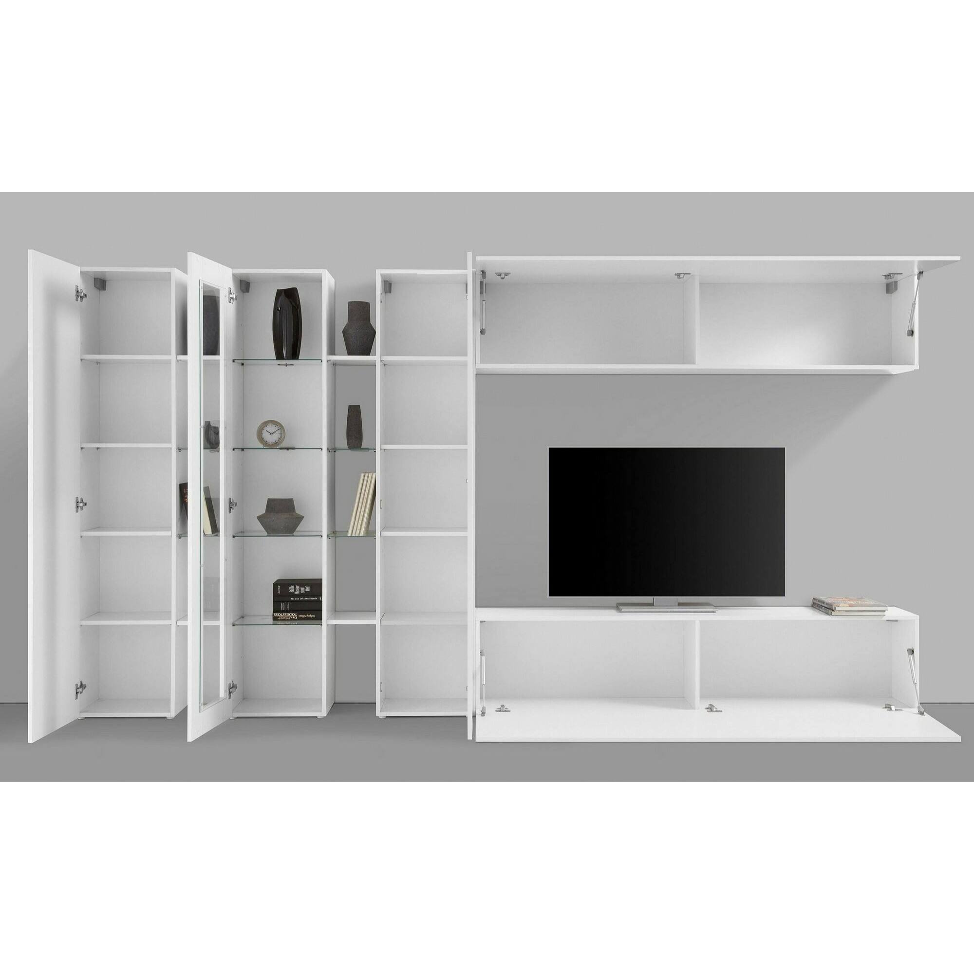 Parete attrezzata da soggiorno, Made in Italy, con luce LED blu, Base porta TV e pensili e scaffali, Set salotto moderno, cm 340x30h180, colore Bianco lucido