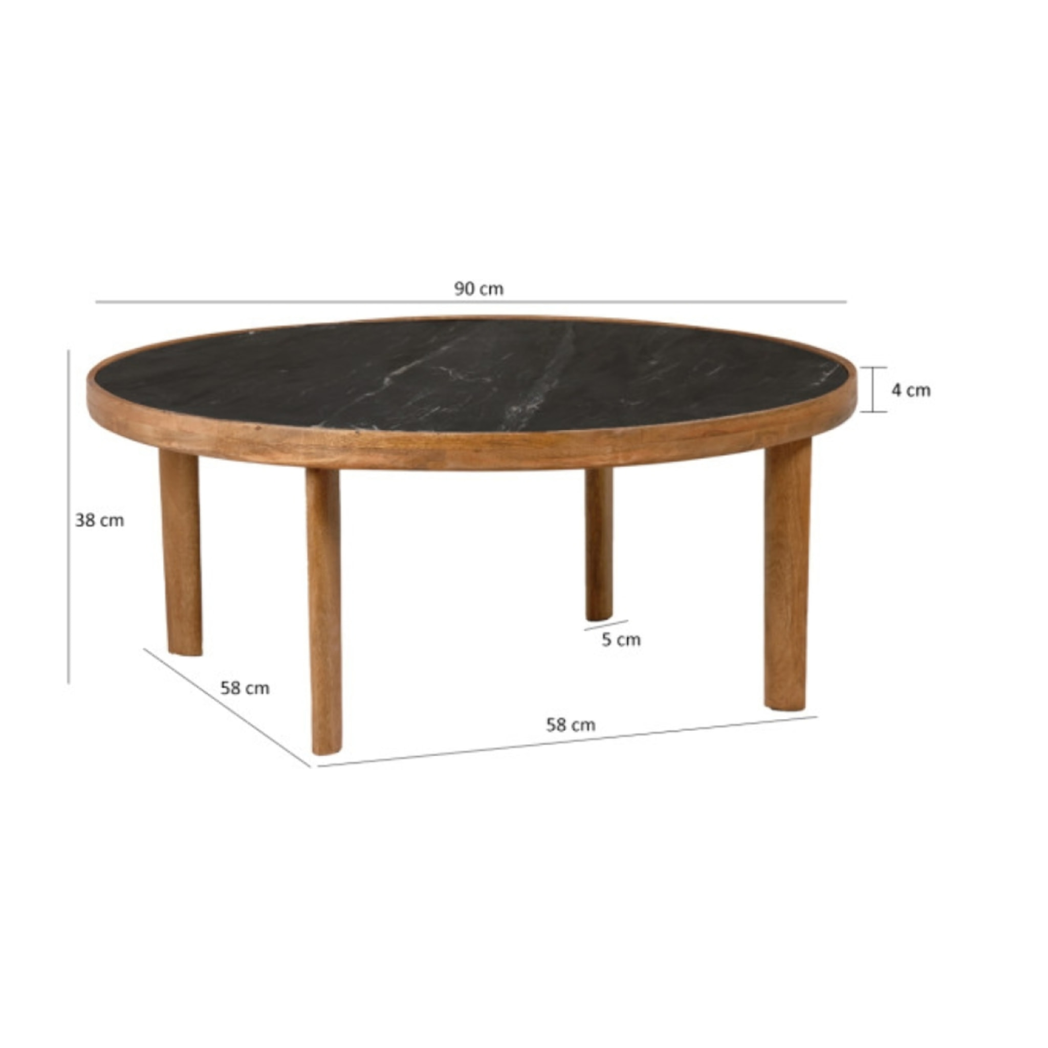 Table basse ronde en bois de manguier massif et plateau marbre noir - JENA