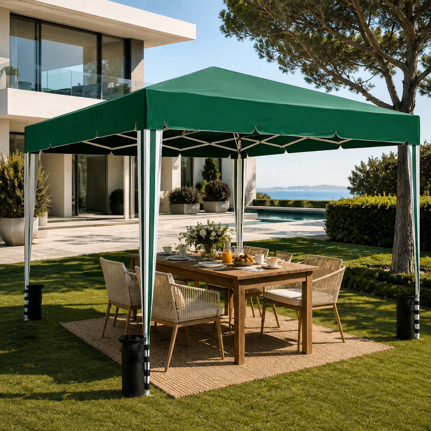 Gazebo Pieghevole Impermeabile 3 x 3 M Da Giardino Con 4 Sacche Pesi Sacca Trasporto Chiusura Fisarmonica Struttura Acciaio Copertura 160 gr/m² Verde