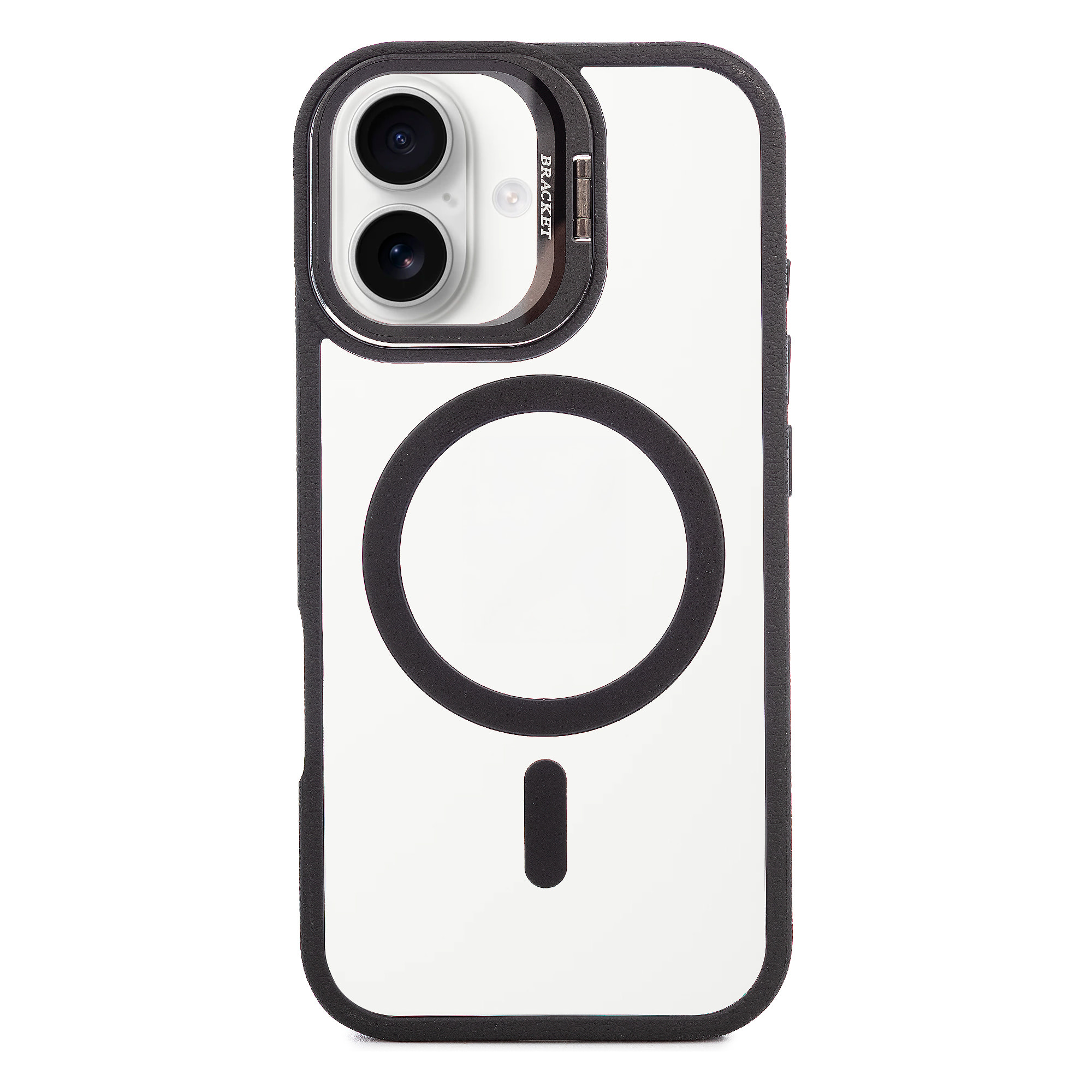 Custodia trasparente con copertura della fotocamera pieghevole che funge da supporto, bordi neri. MagSafe per iPhone 17.