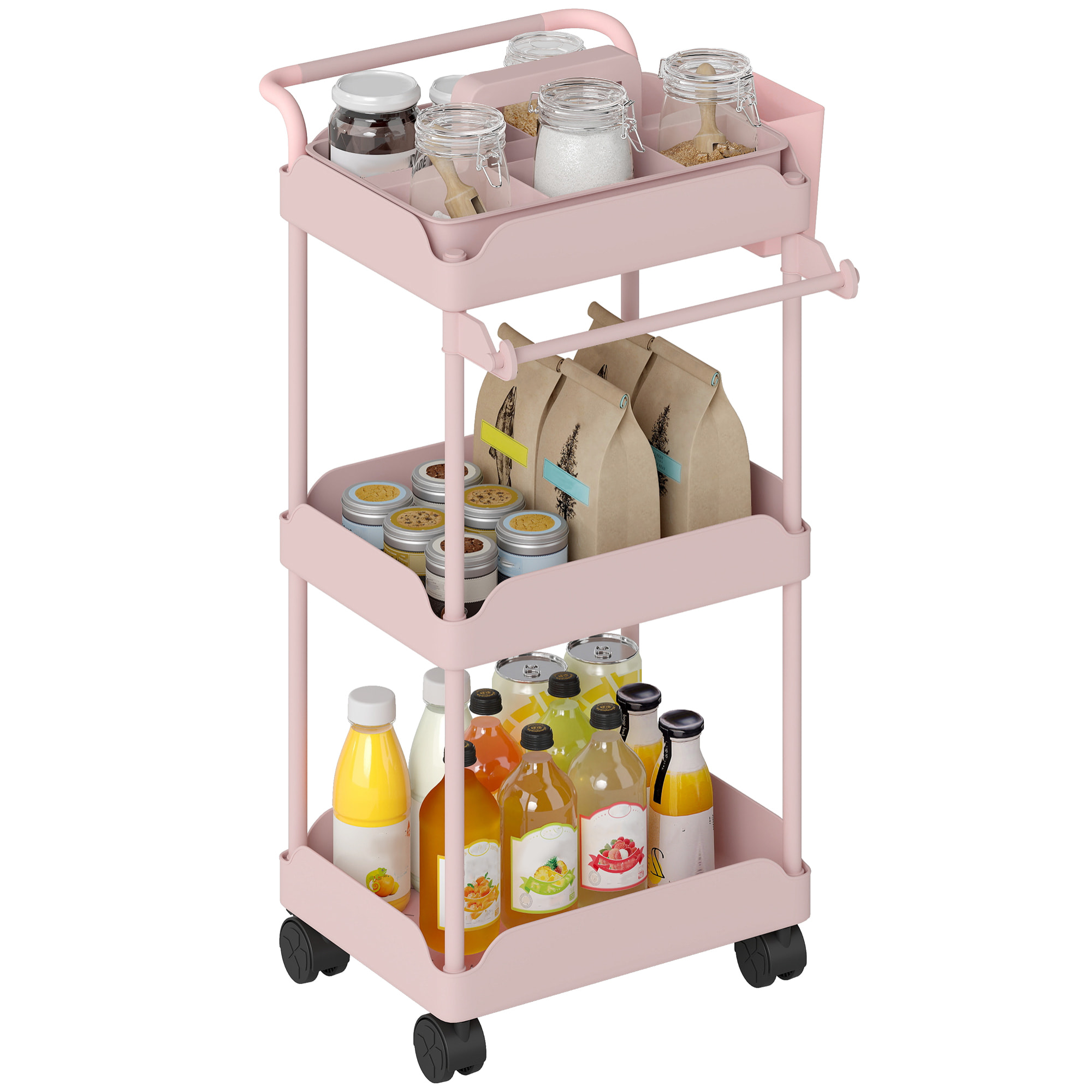 Carrito Auxiliar con Ruedas de 3 Niveles, Carrito de Cocina con Cestas Extraíbles, Ruedas con Freno, Soporte para Toallas y Marco de Metal, Carro de Servicio para Comedor, Salón, Baño, Rosa