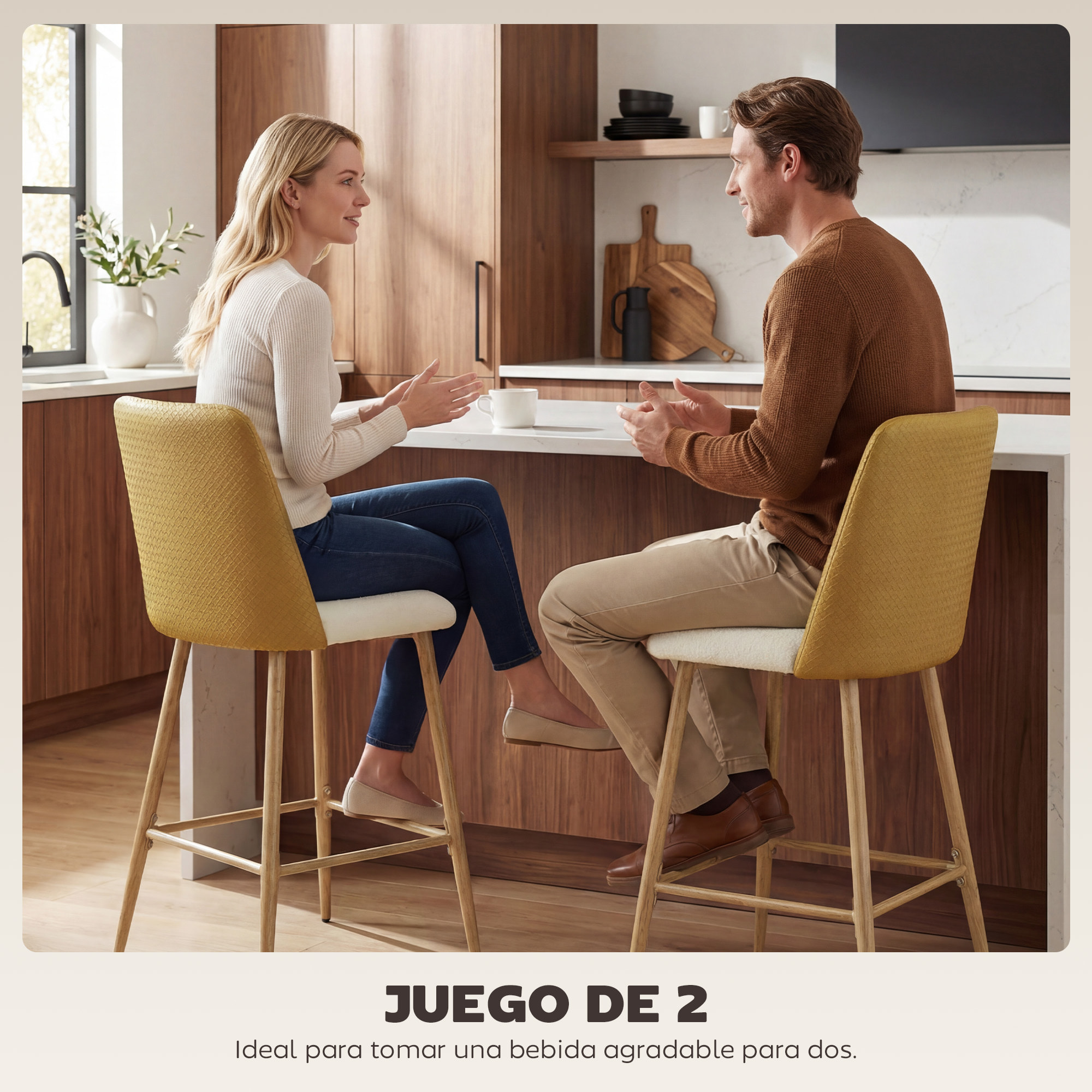 Juego de 2 Taburetes de Bar, Taburetes Altos de Cocina con Respaldo y Reposapiés, Tapizados de Lino y PU, Marco de Acero, Asiento de 65 cm de Altura, para Mostrador, Comedor, Marrón