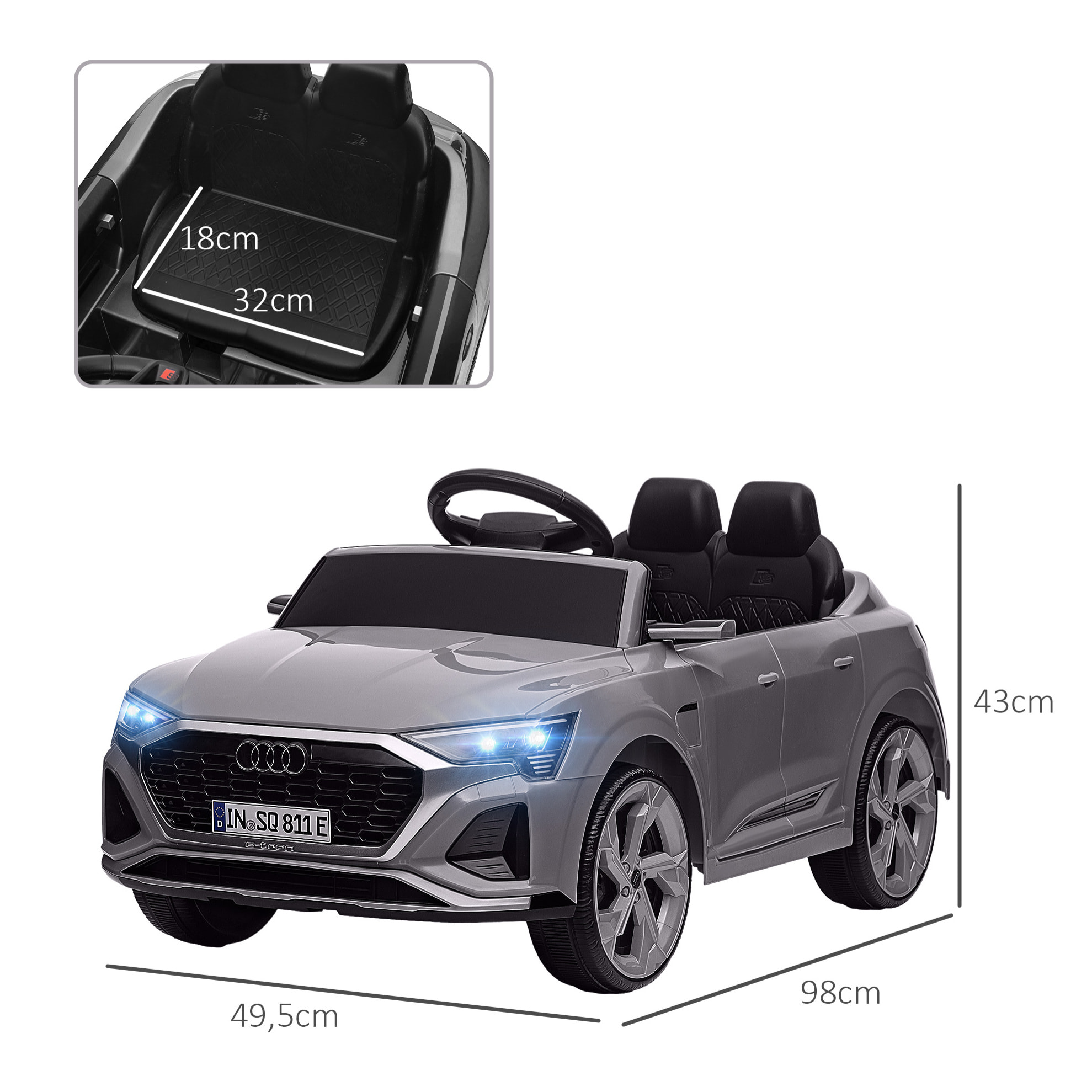 Coche Eléctrico para Niños de +3 Años Audi Q8 etron sportback Carro Eléctrico Infantil con Batería 12V Mando a Distancia Ruedas con Suspensión de Muelles Faros Bocina y Música Gris