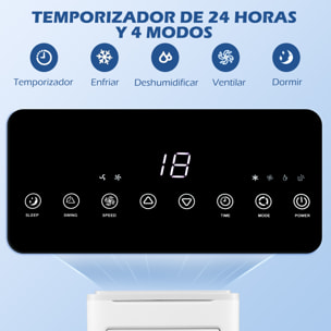 Aire Acondicionado Portátil 9000BTU 1010W Refrigerador Ventilador Deshumidificador con Pantalla LED Control Remoto Temporizador para Habitación de 20 m² 35,3x35x72,5 cm Blanco