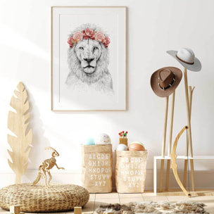 Affiche enfant lion et couronne de fleurs  Affiche + cadre en bois - Chêne