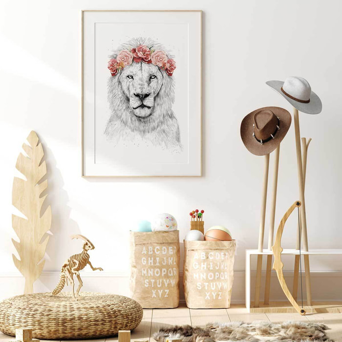 Affiche enfant lion et couronne de fleurs  Affiche + cadre en bois - Chêne