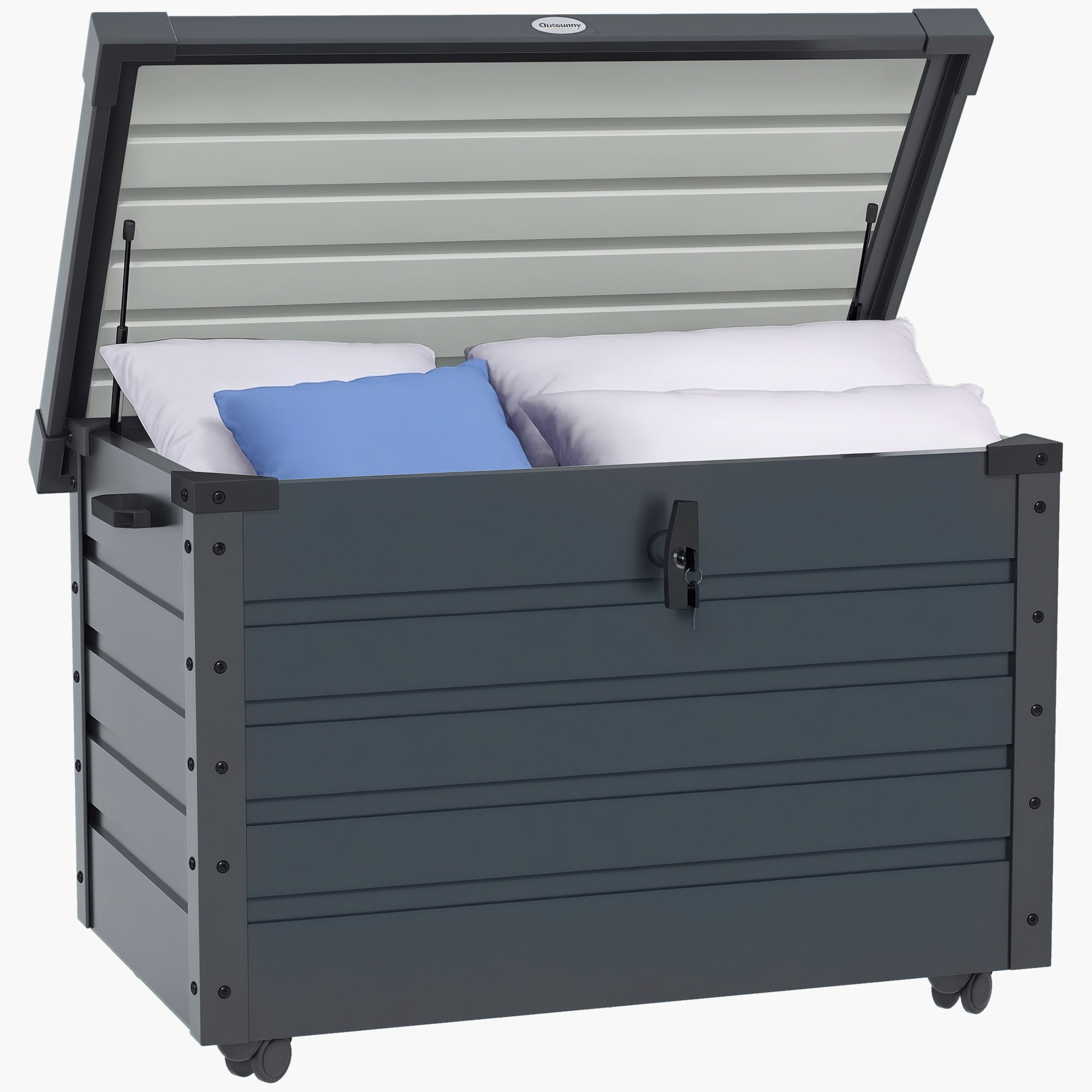 Arcón Exterior Capacidad 295L, Baúl de Almacenaje de Acero Galvanizado con 4 Ruedas, 2 Asas y Tapa con Cerradura, Impermeable, para Jardín, Terraza, Patio, 100x62x65 cm, Gris Oscuro