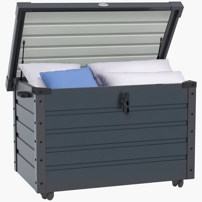 Arcón Exterior Capacidad 295L, Baúl de Almacenaje de Acero Galvanizado con 4 Ruedas, 2 Asas y Tapa con Cerradura, Impermeable, para Jardín, Terraza, Patio, 100x62x65 cm, Gris Oscuro