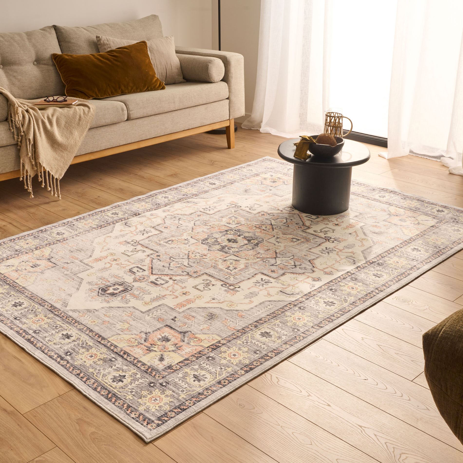 OTTOMAN - Tapis à poils courts doux à motif oriental gris