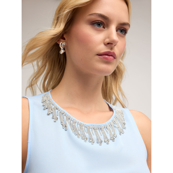 Motivi - Top fluido con frange in pietre crystal - Azzurro