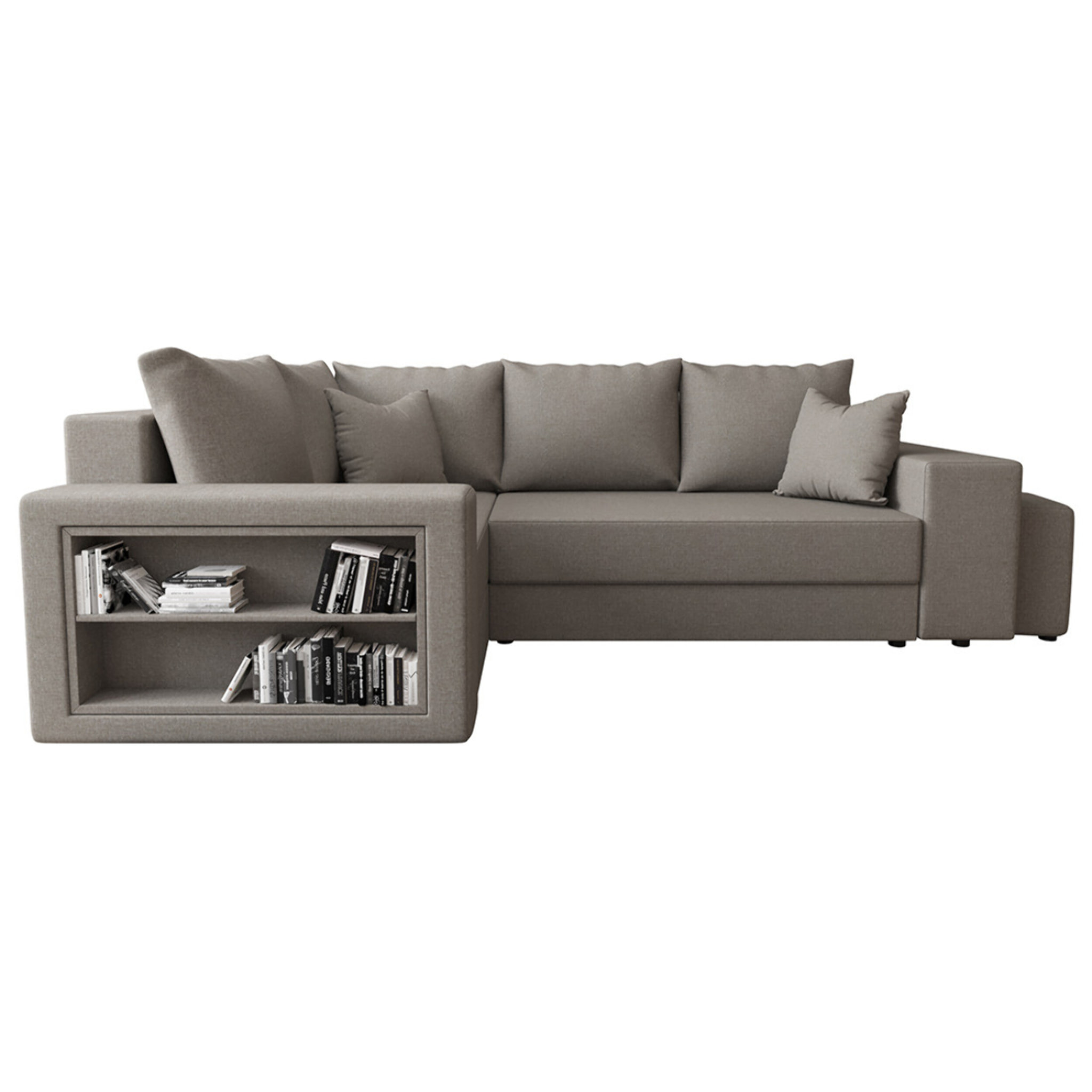 Libbie - Canapé d'angle gauche 4 places convertible avec coffre, étagère et poufs en tissu - Gris