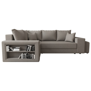 Libbie - Canapé d'angle gauche 4 places convertible avec coffre, étagère et poufs en tissu - Gris
