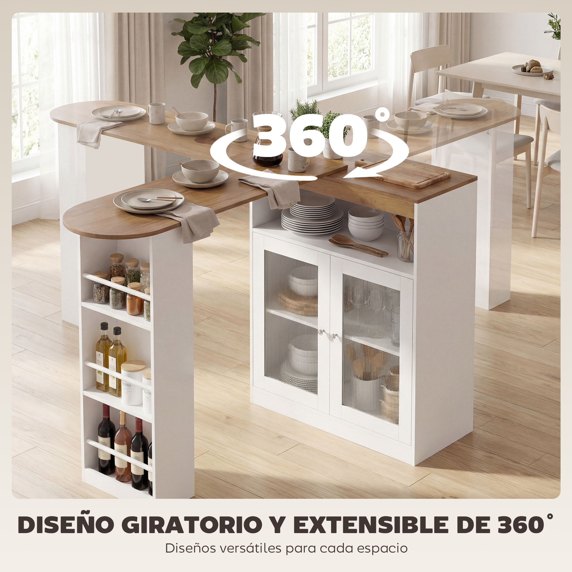 Mesa de Bar Extensible y Giratoria 90°, Mesa Alta Cocina con Estantes Abiertos y 2 Puertas de Vidrio para Comedor, 150x80x105,5 cm, Blanco y Natural