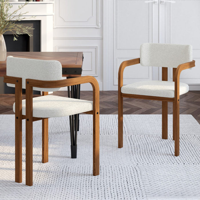 Chaises Elsa avec accoudoirs tissu beige pieds effet noyer - lot de 6